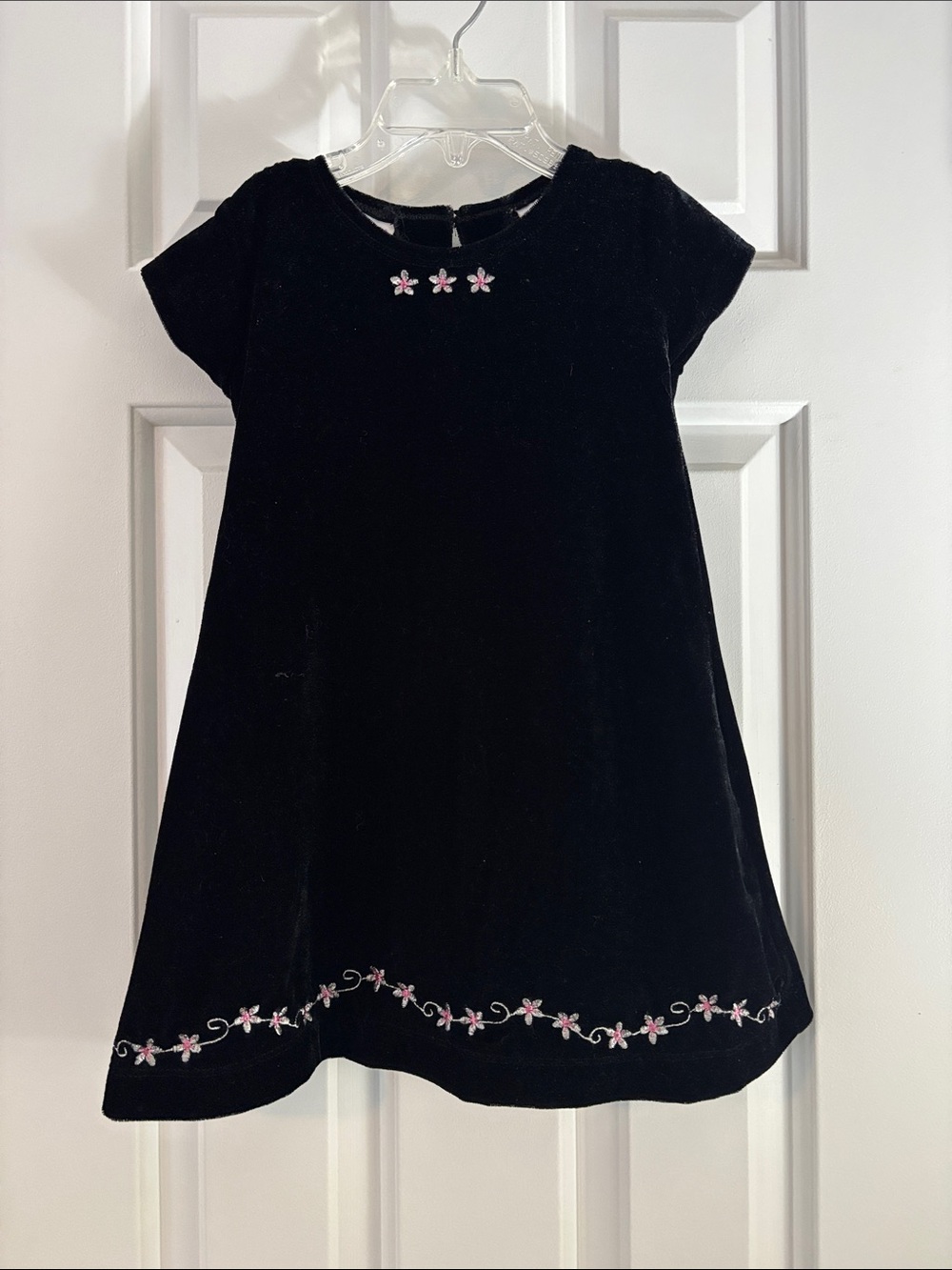 Blueberi Boulevard Black Velvet Dress with Pink Floral Trim